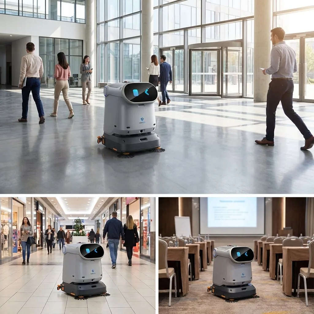 Autonomer Reinigungsroboter KLEENBOT C40 bei der Bodenreinigung in einem Gewerbegebäude in Wien