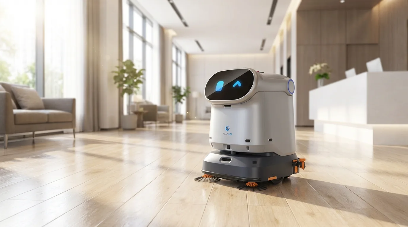 Reinigungsroboter im Bürogebäude bei der autonomen Bodenreinigung